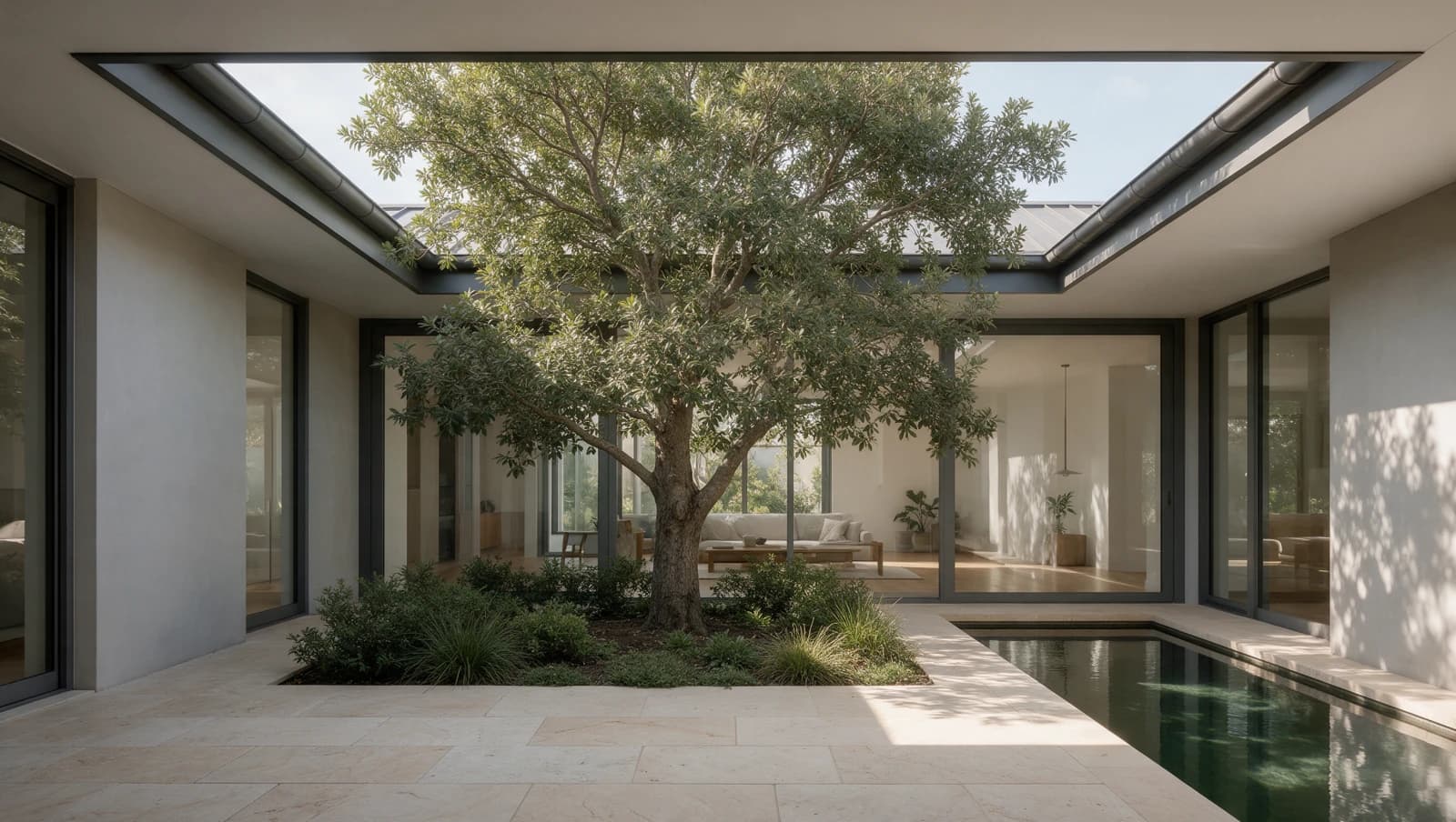 Quiet stone courtyard with a mature tree, reflecting water and glazed living spaces
