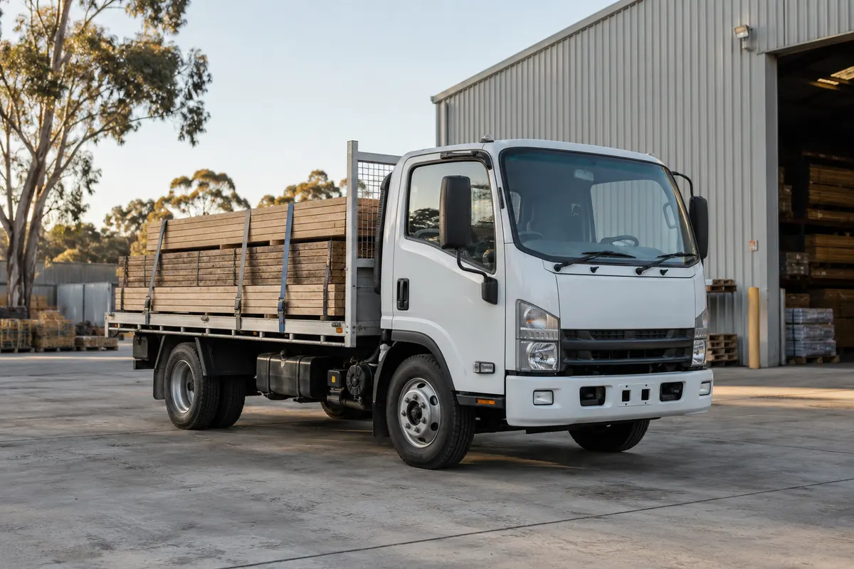 White flatbed work truck carrying secured timber outside a warehouse
