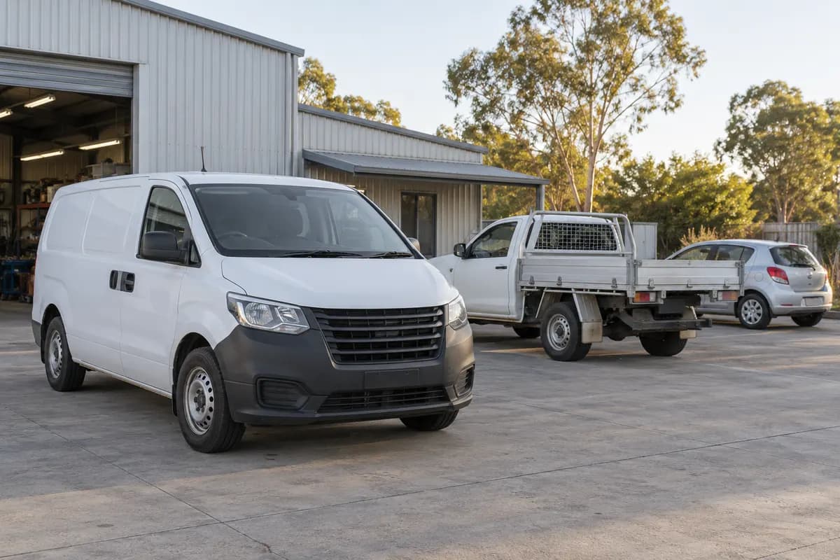 White work van, tray-back ute and everyday hatchback outside an Australian workshop