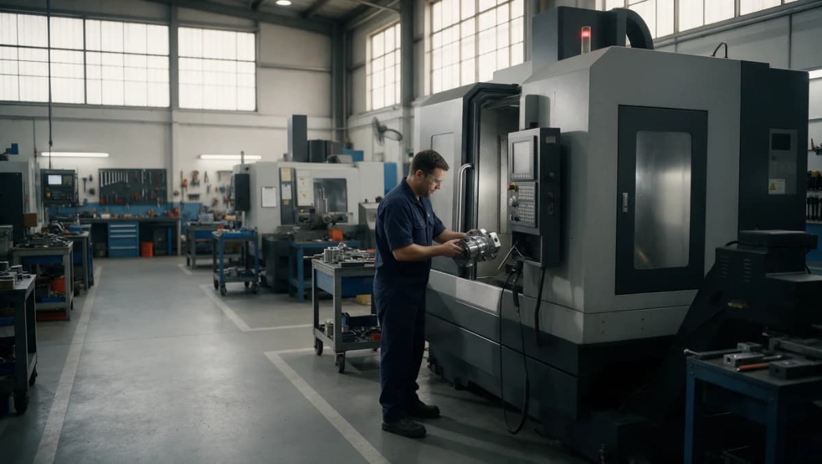 Machinist inspecting a component in an organised precision workshop