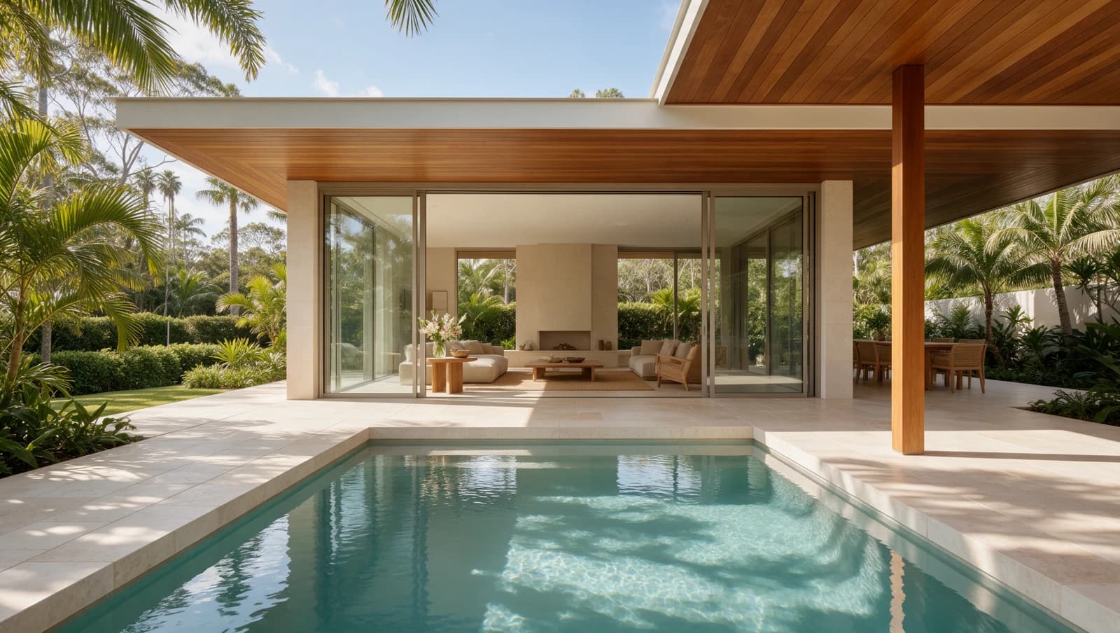 Timber-lined living pavilion opening onto a pool and tropical gardens